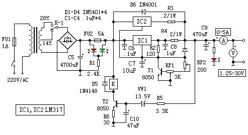 1.25V~30V连续可调稳压电源原理图