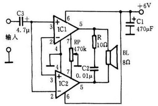 LM386构成OCL功放电路的电路图