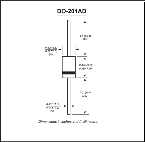 SR5150 SR5200 肖特基二极管 DO-27封装规格 SR5150 SR5200 肖特基二极管 DO-27封装规格