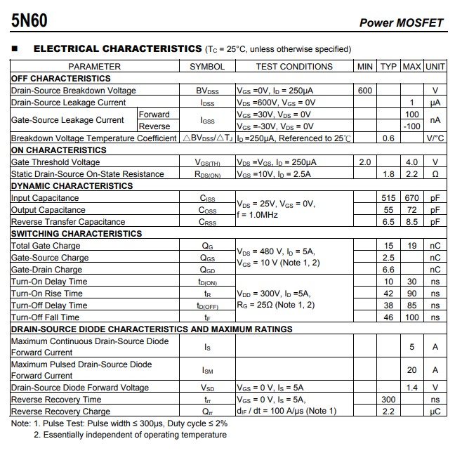5N60电气特性参数