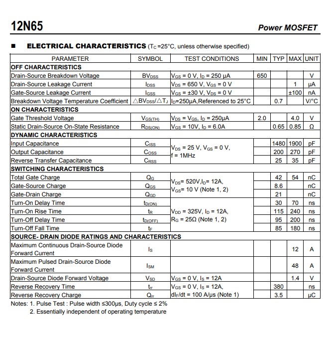 12N65电气特性参数