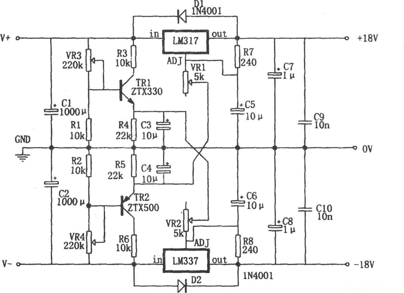 LM317构成的0～±30V、1.5A电源电路