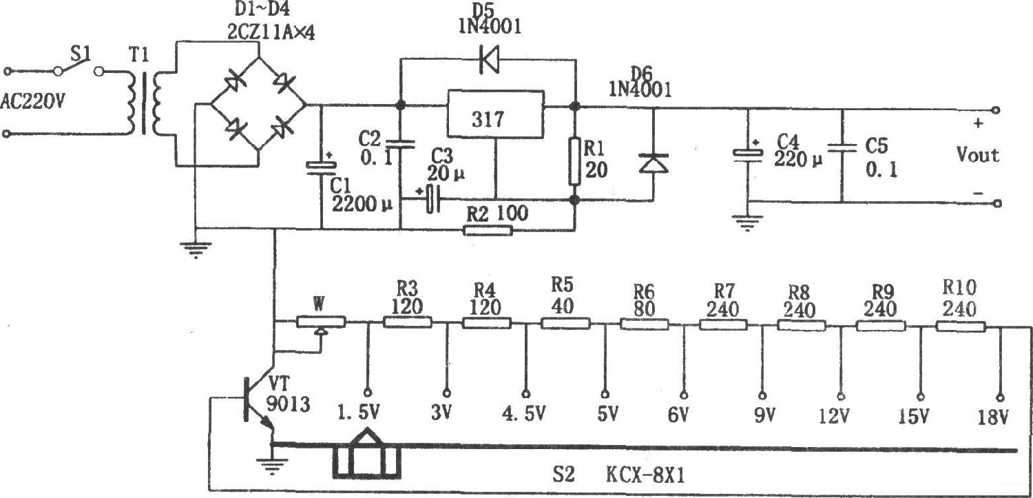 LM317构成的分挡可调直流稳压电源电路
